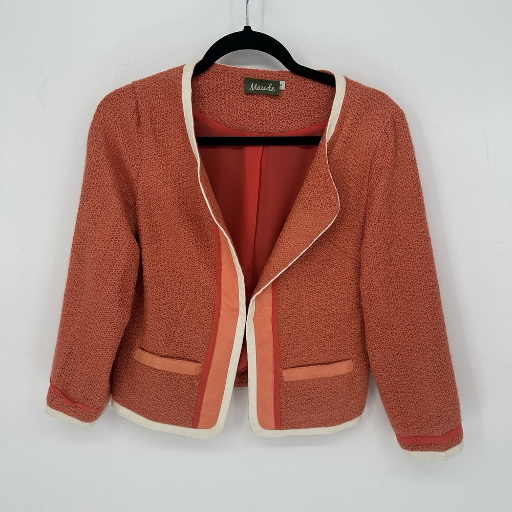 Maude Textured Open Front Blazer Coral Orange Trimmed Jacket Women's Size S‎